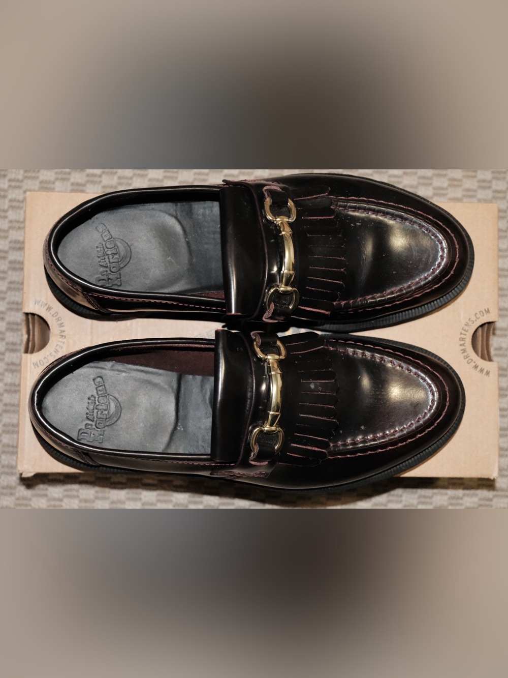 Dr. Martens Black Leather Kiltie Loafers with Gold Bit